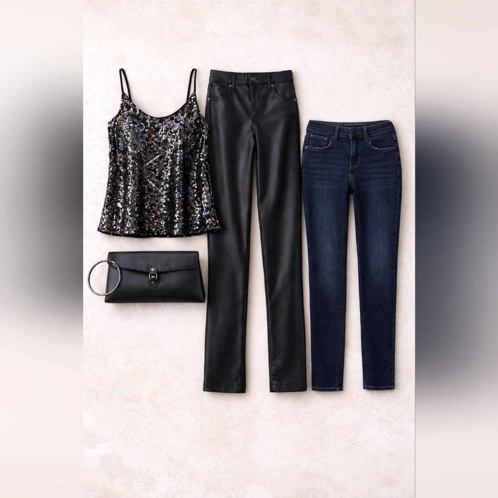 S Y2K Night Out Capsule | Sequin Top + Leather Pants +Jeans + Clutch | 4 Pc Set - Picture 1 of 1
